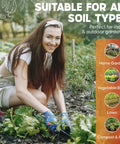 Smiling woman gardening, promoting No Fuss PH Test Strips Kit With 100 Strips PH Range 3.5 To 9 For Garden Lawn And Indoor Plants