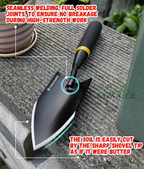 Rugged Heavy Duty Gardening Hand Trowel with Carbon Steel Blade and Rubberized Ergonomic Handle shown on concrete surface.