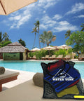 Mesh beach tote bag with swim gear by poolside, showcasing the Large Mesh Tote Bag With Zipper For Swim Gear, Balls And Aqua Equipment.