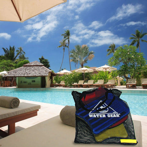 Mesh beach tote bag with swim gear by poolside, showcasing the Large Mesh Tote Bag With Zipper For Swim Gear, Balls And Aqua Equipment.