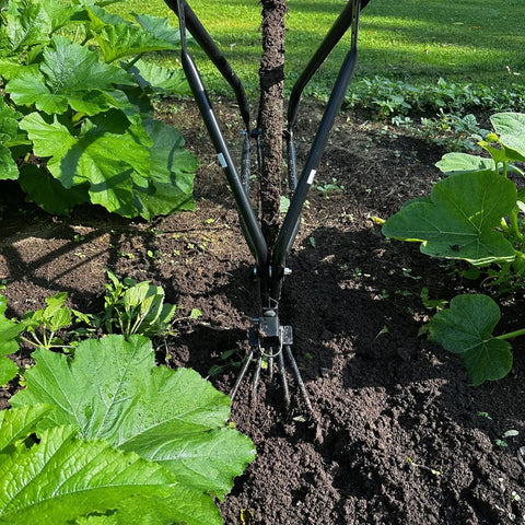High Wheel Cultivator With Comfort Handle Three Position Adjustable Depth Quick Change Implements in use in garden soil