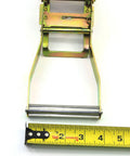 Beefy 4 Pack Lasso Straps With 2 Inch Ratchets And J Finger Hooks showing metal ratchet mechanism next to measuring tape