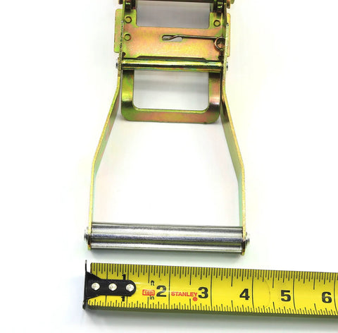 Beefy 4 Pack Lasso Straps With 2 Inch Ratchets And J Finger Hooks showing metal ratchet mechanism next to measuring tape