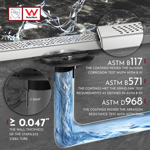 36 Inch Linear Shower Drain With Wave Hole Pattern Grate Cover Rectangular Floor Drain Removable SUS304 Stainless Steel CUPC Certified Brushed Finish Easy Install Powerful Clog Prevention detail view showing water flow and material specifications.