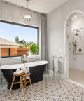 Modern bathroom featuring Dope Bardiglio Hex Flower Porcelain Tile 7x8 for floor and wall, glazed textured finish, enhancing decor.
