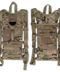 Front and back view of Multicam MOLLE Hydration Carrier for tactical backpacks, featuring straps and 3-liter capacity