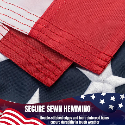 Close-up of Ultra Durable 3x5 Outdoor US Flag Made From Nylon With Embroidered Stars, showing sewn stripes and secure hemming.