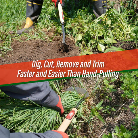 Gardener using 2-In-1 Weeding Sickle With Twist Blade For Root Removal And Crescent Blade For Grass Cutting in yard