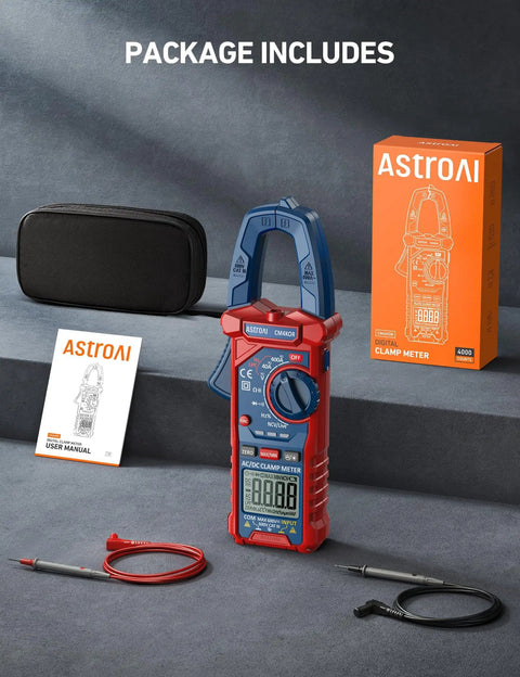 Package of Handy Digital Clamp Meter Multimeter Auto Ranging 4000 Counts For AC DC Voltage And Current, case, box, probes, manual