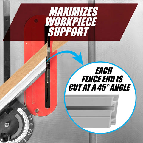 Tough As Nails Aluminum Miter Fence Compatible With Table Saws Featuring Quick Release Flip Stop And Dual Rulers For Dead On Precision And Zero Hassle Workflow, showing 45-degree angled cuts for enhanced workpiece support.