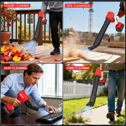 Cordless Leaf Blower With 2x 4.0Ah Batteries And Charger, 650 CFM 160 MPH Turbo Power cleaning various outdoor areas.