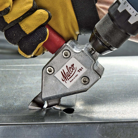 Turbo Sheet Metal Shear Attachment For Drills cutting metal with cordless drill, featuring lightweight aluminum head and 20 gauge capacity.