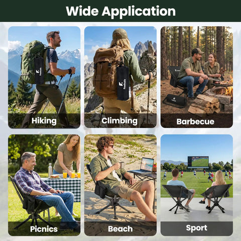 Images showcasing Ultra Portable Folding Camping Chair With No Assembly 360 Degree Swivel Lightweight One Piece Design in various outdoor settings.