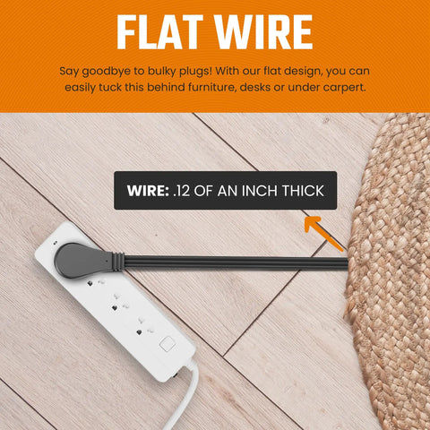 Flat Plug Wall Hugger Extension Cord 10 Foot Black With 3 Outlets Grounded Indoor Power Cord 16 Gauge 3 Conductor Heavy Duty 13A 125V Angled Plug Low Profile for Home Office TV Desk Dorm, flat plug under rug