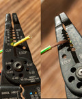8 Inch Wire Stripper And Cutter Crimper Tool For 10 To 22 AWG Wires in use, showing wire stripping and crimping detail
