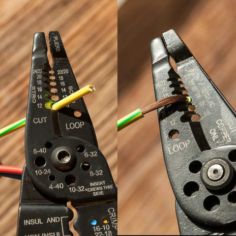 8 Inch Wire Stripper And Cutter Crimper Tool For 10 To 22 AWG Wires in use, showing wire stripping and crimping detail