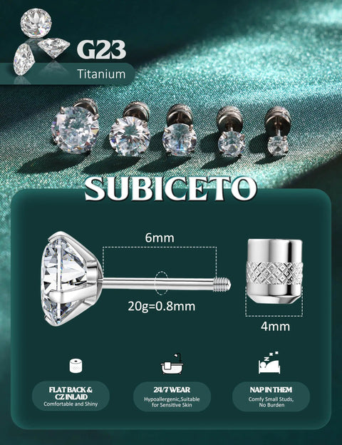 Fresh Hypoallergenic Titanium Stud Earrings With Secure Screwback Cap For Sensitive Ears Silver Tone Cubic Zirconia Stone showcasing various sizes.