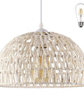 White Woven Pendant Light Boho Chic Chandelier Dome Fixture with Rattan Shade and Bulb Included, 12.5 Inch Diameter