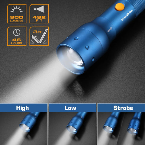 Ultra Bright Tactical Flashlight with 900 Lumen Zoomable Beam and Adjustable Focus shown with three light modes in blue.