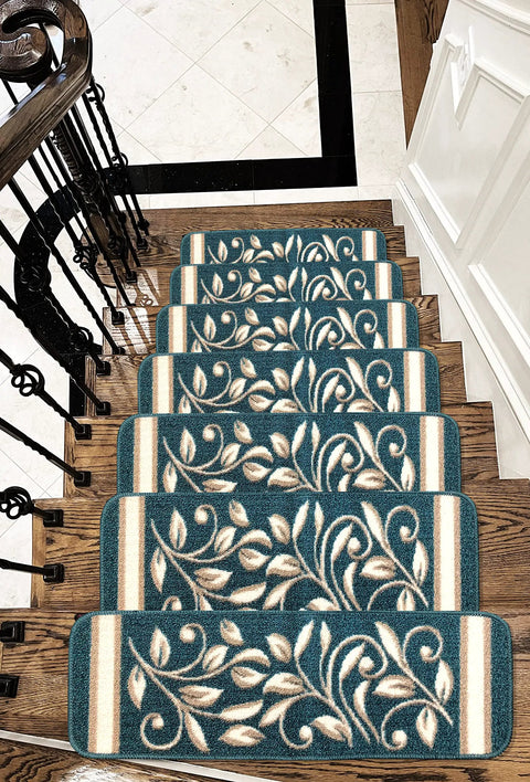 Anti Slip Stair Treads For Pets And Kids, Non Slip Stair Mats With Rubber Backing, Floral Turquoise Design, Durable Safe Grip, Easy Install, Pet Friendly Stair Grippers Set Of 15