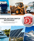 Collage showing Tough As Nails Built To Last Heavy Duty Waterproof Boat Battery Disconnect Switch 12V 48V and various vehicles