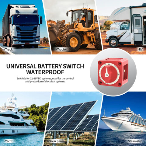 Collage showing Tough As Nails Built To Last Heavy Duty Waterproof Boat Battery Disconnect Switch 12V 48V and various vehicles