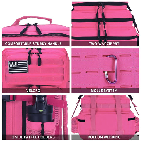 Beefy Military Tactical Backpack 45L 25L With MOLLE Daypack featuring zippers, handles, and MOLLE system in pink color.