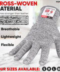 Ambidextrous Cut Resistant Gloves Set Of 8, Level 5 EN388 Certified, displayed with cross-woven material and size options