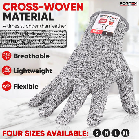 Ambidextrous Cut Resistant Gloves Set Of 8, Level 5 EN388 Certified, displayed with cross-woven material and size options