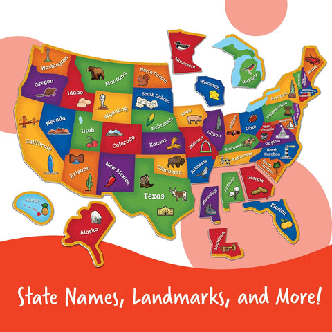 Magnetic US Map Puzzle For Kids Kid Friendly Geography Tool with state names, shapes, and landmarks, 43 magnetic pieces