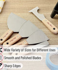 Five Piece Paint Scraper And Putty Knife Set With Five In One Tool for DIY home projects on wooden surface