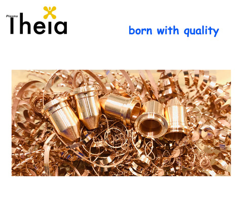 Pro Grade Replacement Tips Set For Titanium 45 Plasma Cutter 40 Amp 5 Pack 56811 shown amidst metal shavings