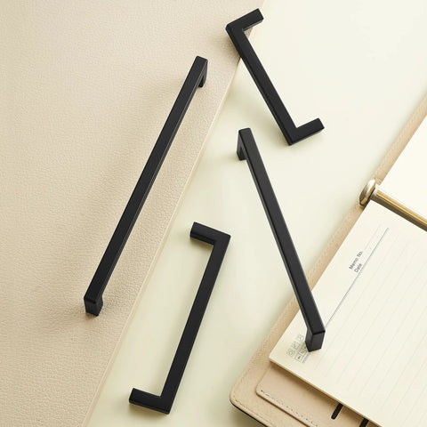 10 Pack Solid Aluminum Matte Black Cabinet Pulls with 5 Inch Hole Center Square Style Handles shown on a light surface