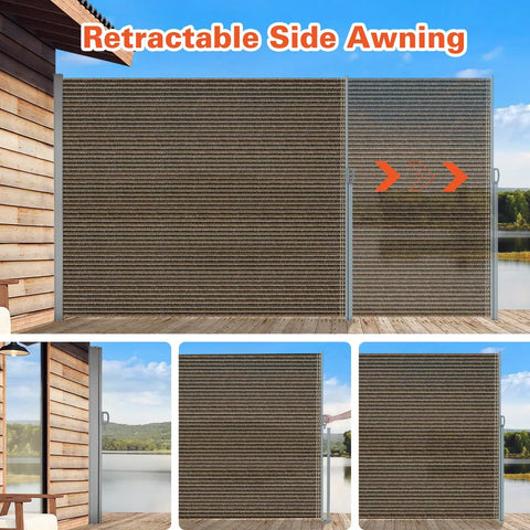 71 Inch By 118 Inch Retractable Side Awning Folding Privacy Screen Waterproof And UV Resistant Outdoor Shade Divider For Patio Garden Balcony And Commercial Use Mocha Easy Setup in a patio scene