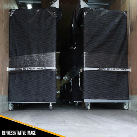 Internal view of a trailer showing E Track Cam Buckle Tie Down Straps 2 Inch Wide 16 Foot Long 10 Pack With Spring E Fittings 2,500 Lbs Break Strength Easy To Use Cargo Tiedowns For Vans And Trailers in use.