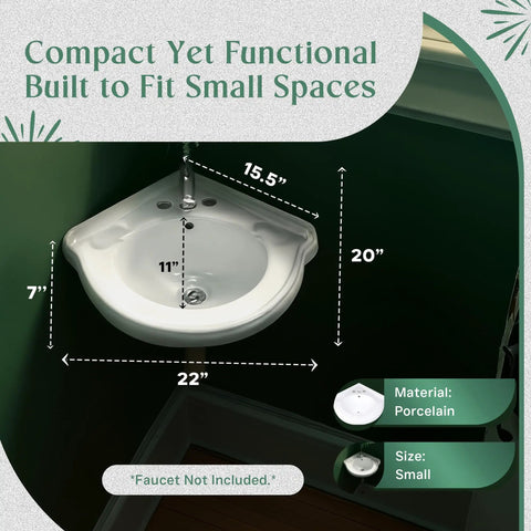 Top view of 22 Inch Corner Wall Mounted Bathroom Sink White With Overflow No Hardware Model 87333 showing dimensions