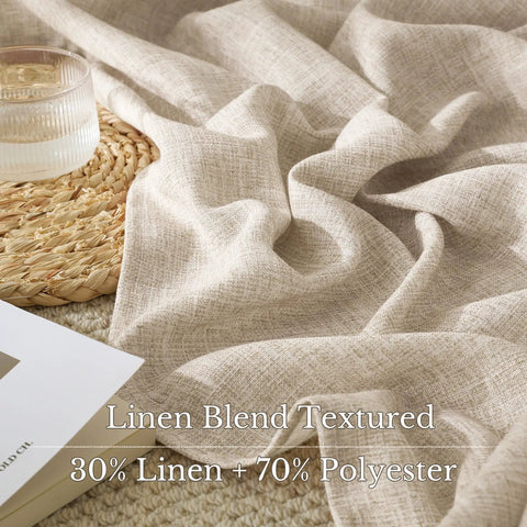 Close-up of Rich Natural Linen Blend Farmhouse Curtains, 52 By 90 Inches, Two Panels, Rod Pocket And Back Tab Privacy With Light Filtering, Perfect For Your Bedroom Or Living Room, Cozy Vibe 230 GSM Textured Fabric.