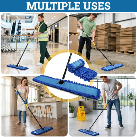 Heavy Duty 24 Inch Microfiber Dust Mop Kit With 61 Inch Extendable Handle And Two Quick Swap Pads For Top Shelf Floor Cleaning and No Fuss Commercial Floor Care Today in action across various settings.
