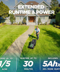 18 Inch Electric Cordless Lawn Mower With 40V Battery Pack, Brushless Motor, 2x5.0Ah, Dual Function Mulching And Bagging, 6 Height Positions, Gas Like Power Without The Fumes For Small To Medium Yards. Man mowing lawn near house