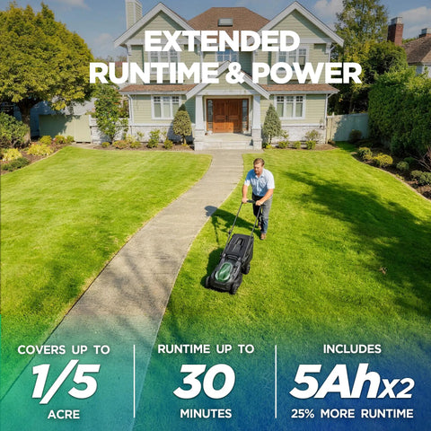 18 Inch Electric Cordless Lawn Mower With 40V Battery Pack, Brushless Motor, 2x5.0Ah, Dual Function Mulching And Bagging, 6 Height Positions, Gas Like Power Without The Fumes For Small To Medium Yards. Man mowing lawn near house