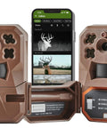 Edge Cellular Trail Camera With Auto Connect Across Nationwide 4G LTE HD Video And Audio Built In Memory No SD Card Needed Cloud Storage Multi Network Reliability For Easy Wildlife Monitoring And Security showing camera and app interface.