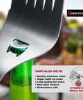 Romanticist stainless steel grill spatula with built-in bottle opener; close-up of green bottle in blurred setting.