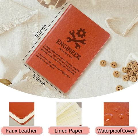 Top view of Engineer Definition Leather Journal Notebook For Gearheads And Builders with faux leather cover and waterproof feature.