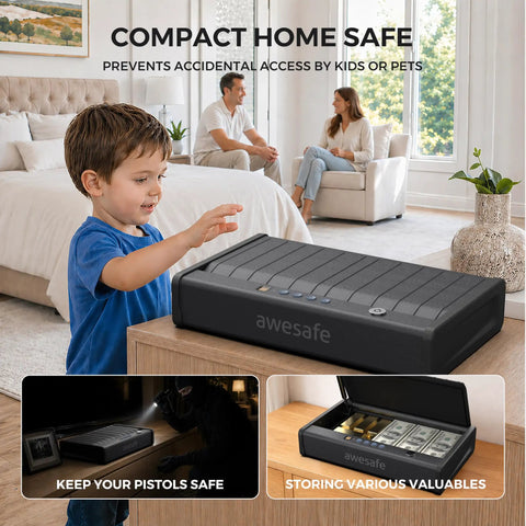 Biometric Gun Safe For Pistols With 3 Ways Quick Access Fingerprint Digital PIN And Key Portable Handgun Safe For Nightstand Bedside Or Living Room Holds 2 Pistols Plus Ammo UL1037 Certified in a living room setting with child and parents.