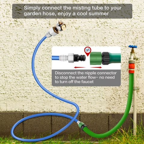 Upgraded Outdoor Misters For Patio With 3 Nozzles And Six Point Six Foot Aluminum Bendable Hose Misting System connection setup