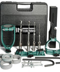 Front view of Amazon mortising attachment set for drill press; green metal mortiser, bits, clamps, in a black case.