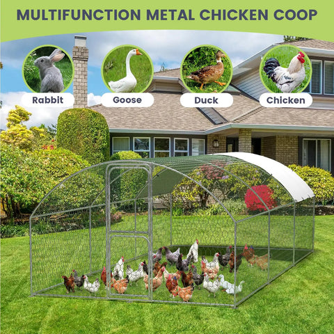 Large Walk In Metal Chicken Coop With Waterproof And UV Resistant Cover in backyard, housing chickens.