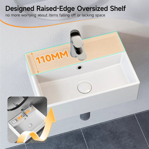 Bathroom Wash Basin(45 * 31 * 13cm) - Countertop/Wall-Mounted Rectangular Sink (White) with raised-edge shelf detail.