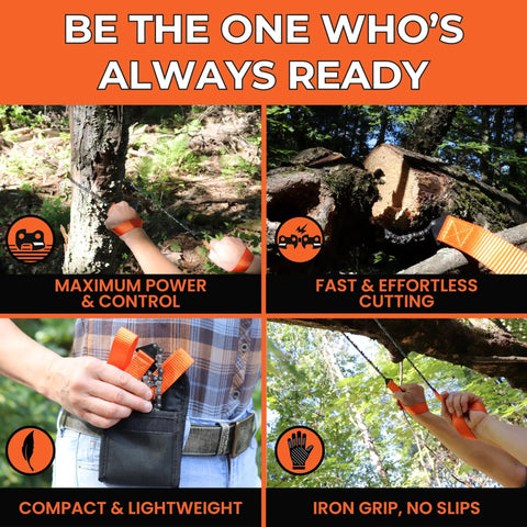 Beefy 36 Inch Manual Chain Saw With 48 Bidirectional Teeth in use for camping and backpacking, showing compact and lightweight features.