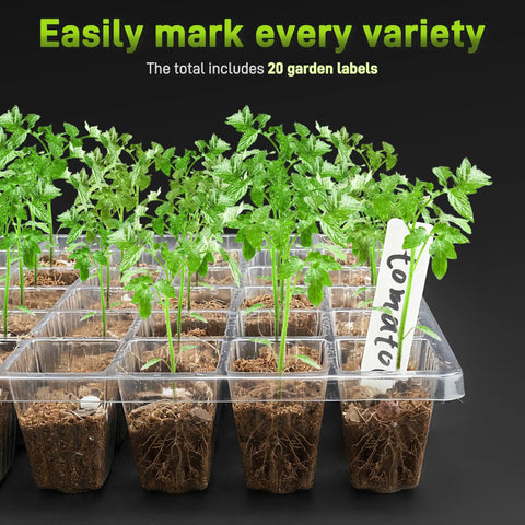 Seed Starter Kit With Grow Light For Seedlings, 120-Cell Tray With garden labels in use showing plant varieties.